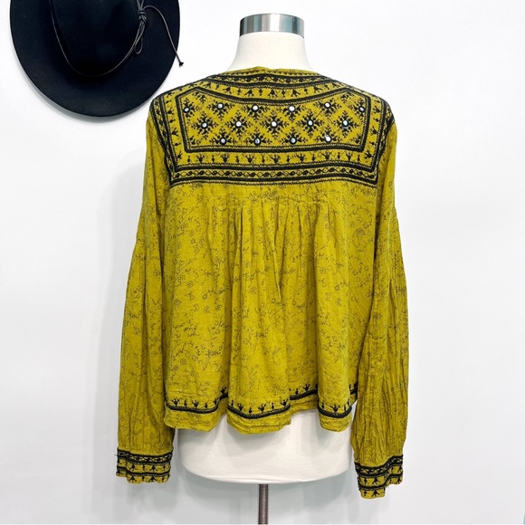 free people | twilight folk embroidered jacket tie-front closure chartreuse s - Picture 7 of 16